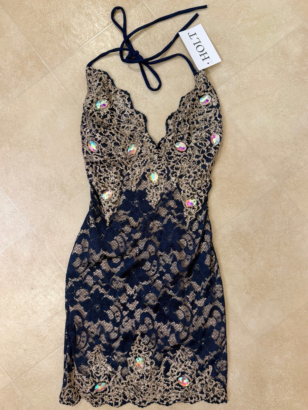 HOLT Miami Navy Gold Lace Crystal Mini Dress S NWT
